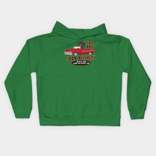 vintage Black Doxie Dachshund in Red Truck having fun Kids Hoodie